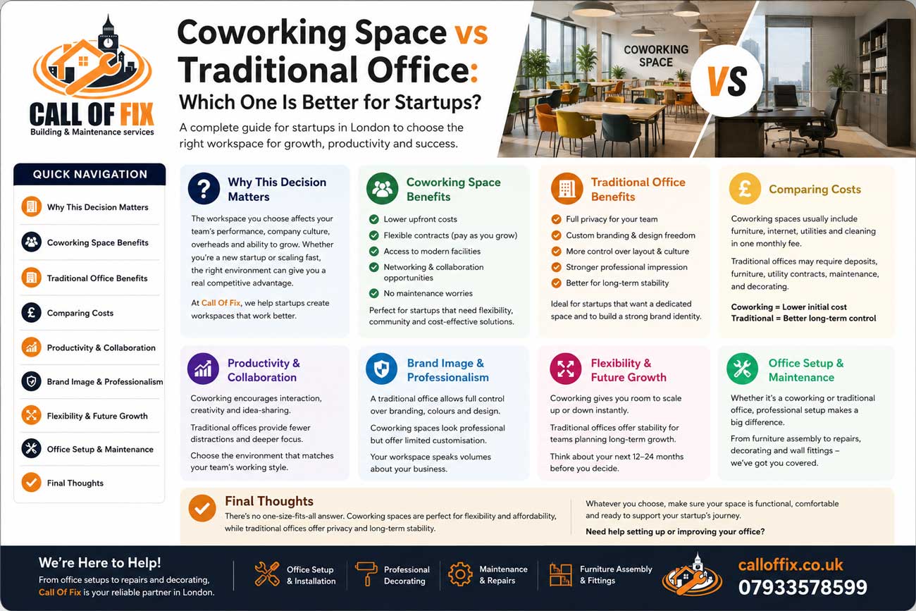 Modern coworking space for startups in London with collaborative workspace design